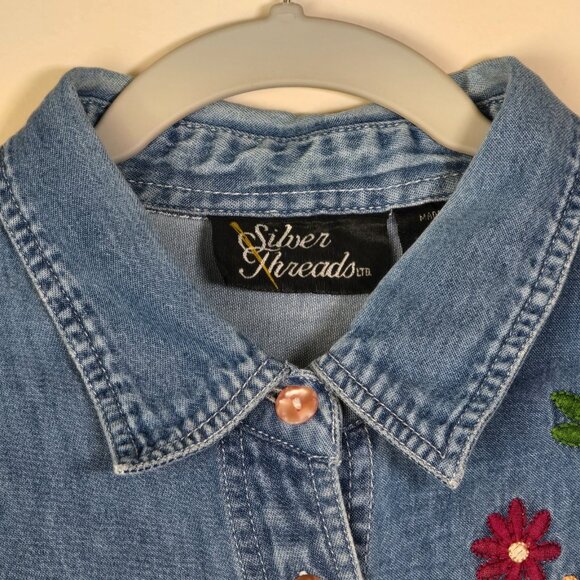 Silver Threads Embroidered Denim Shirt Women Size Large Floral Flowers Jean Art - Picture 4 of 9